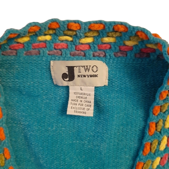 Vtg 1990s J Two New York Torquiose Blue Chenille Cardigan Colorful Accents sz L - Picture 3 of 3